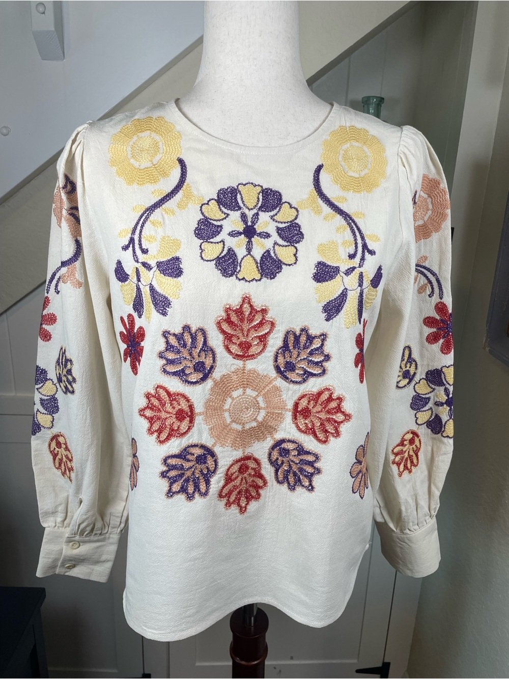 Bohemian Embroidered Cotton Blouse Ecru Floral Folk Cottagecore Puff Sleeve M
